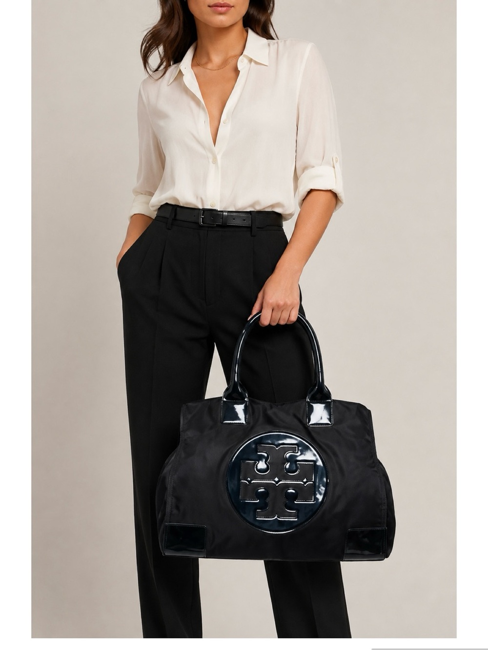 Tory Burch Ella black nylon & leather large tote